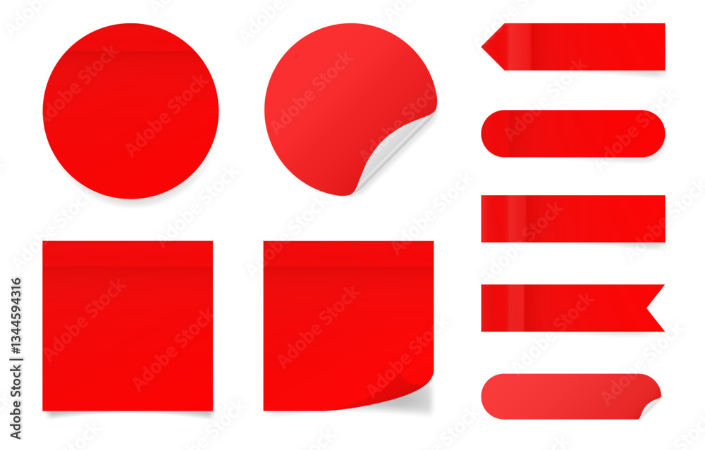 Red square and round paper stickers. Stick in notes.  Post it notes. Sheets of paper. Tag, sticky note. Pointed bookmarks