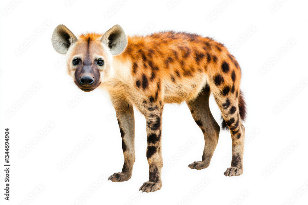 Realistic spotted hyena with distinctive fur pattern, large rounded ears, and strong legs standing in a natural pose on an isolated white background Realistic spotted hyena with distinctive fur pattern, large rounded ears, and strong legs standing in a natural pose on an isolated white background