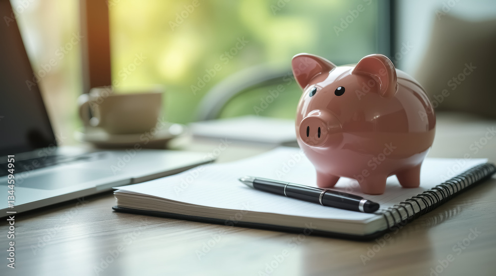pink piggy bank on notebook with pen symbolizing financial planning pink piggy bank on notebook with pen symbolizing financial planning
