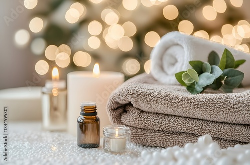 The concept of ​​a comfortable spa room with towels, candles, and essential oils to maintain physical well-being and body beauty, which helps with self-control and increases confidence.