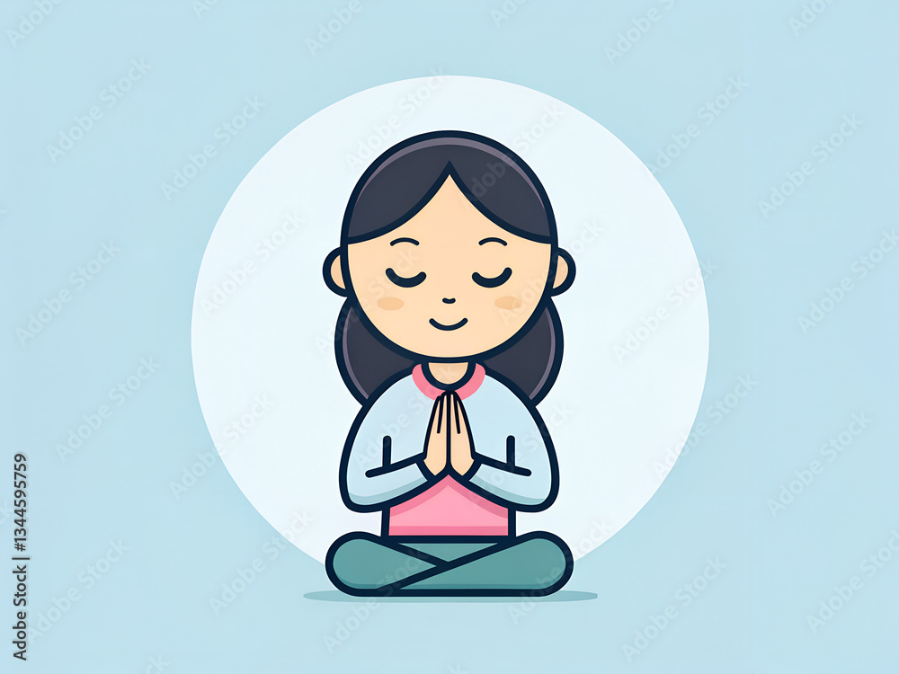 A serene illustration of a girl practicing meditation. She sits cross-legged, hands pressed together in a prayer position, with eyes closed and a gentle smile. The soft pastel background creates A serene illustration of a girl practicing meditation. She sits cross-legged, hands pressed together in a prayer position, with eyes closed and a gentle smile. The soft pastel background creates