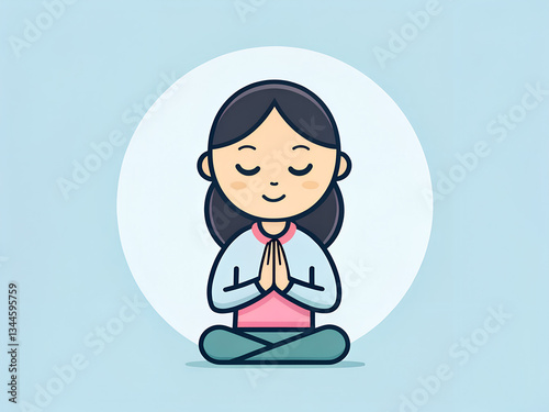 Wallpaper Mural A serene illustration of a girl practicing meditation. She sits cross-legged, hands pressed together in a prayer position, with eyes closed and a gentle smile. The soft pastel background creates  Torontodigital.ca