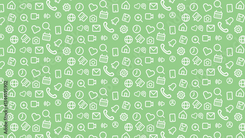 Seamless social media and communication icon design on a light green background. Minimalist black vector icons for messaging, calls, settings, and web interaction.