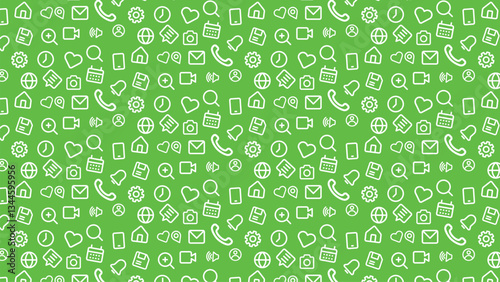 Seamless pattern of social media and communication icons on a green background. Minimalist black outline icons featuring hearts, phones, settings, cameras, and messages. Perfect for UI design.