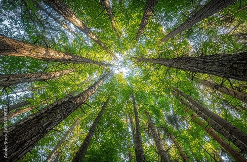 Sunlight filtering through dense forest canopy, illuminating tall trees with vibrant green foliage from below