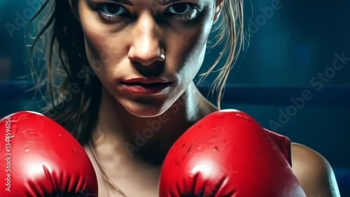 Portrait of a young female boxer looking at the camera with a serious and determined facial expression. 4k, video, hd, resolution, movement, slow motion. 