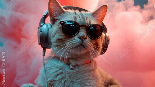 Surreal or fantasy portrait of a cat wearing a pink jacket, sunglasses and headphones with an abstract background of colorful smoke. 4k, video, hd, resolution, movement, slow motion. 