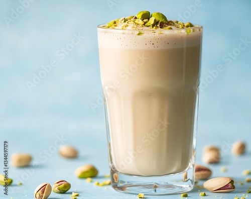 A glass of milk tea with pistachios