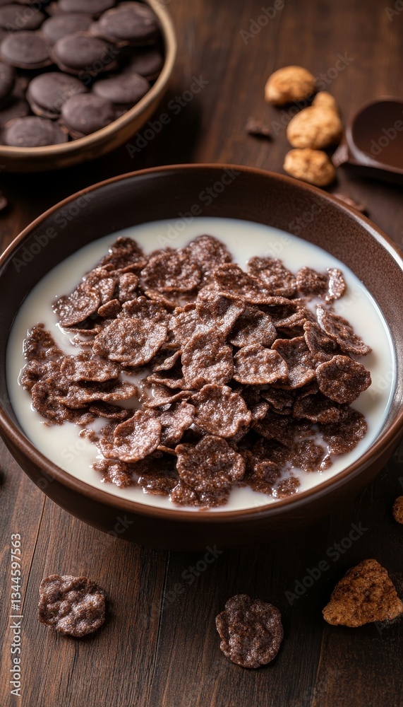 Close up of chocolate corn flakes in milk on a wooden surface for a realistic breakfast scene Close up of chocolate corn flakes in milk on a wooden surface for a realistic breakfast scene