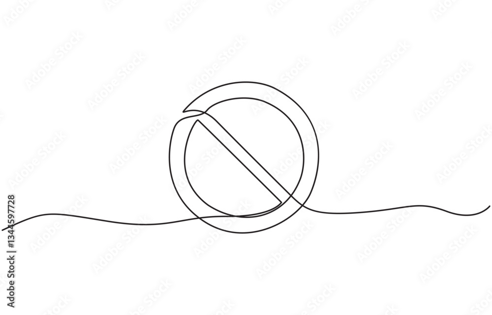 Obraz premium Prohibition sign in continuous line drawing style. Line art of the STOP symbol, Prohibition sign in one line drawing. One line drawing background.