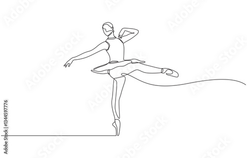 Single continuous line drawing ballerina in ballet motion dance style, Single line drawing of woman ballet dancer. Woman ballet dancer line art style vector illustration.