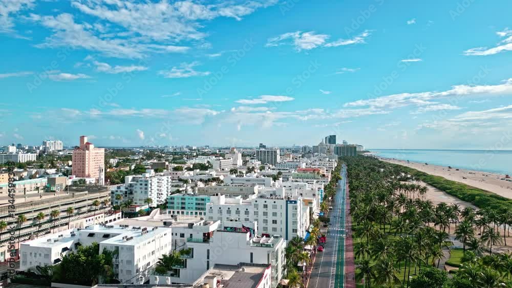 South Beach, Ocean Drive in Miami beach. Aerial view on Miami. Aerial landscape view on city. Travel to Florida. Ocean drive historic district. Miami beach travel destination. Historic preservation. South Beach, Ocean Drive in Miami beach. Aerial view on Miami. Aerial landscape view on city. Travel to Florida. Ocean drive historic district. Miami beach travel destination. Historic preservation.