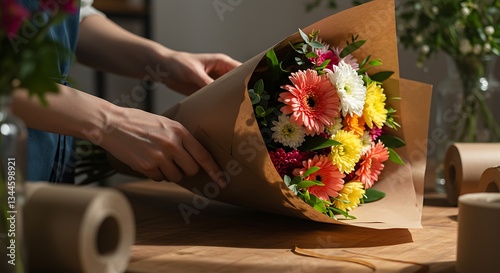 Person wrapping colorful flower bouquet on wooden table
