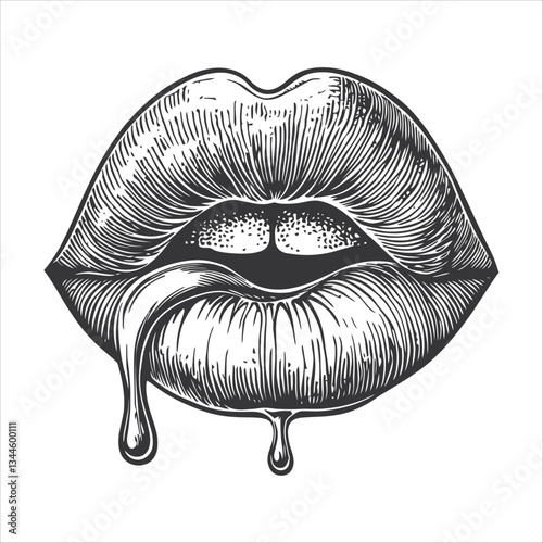 Detailed Illustration of Stylized Lips with Dripping Substance