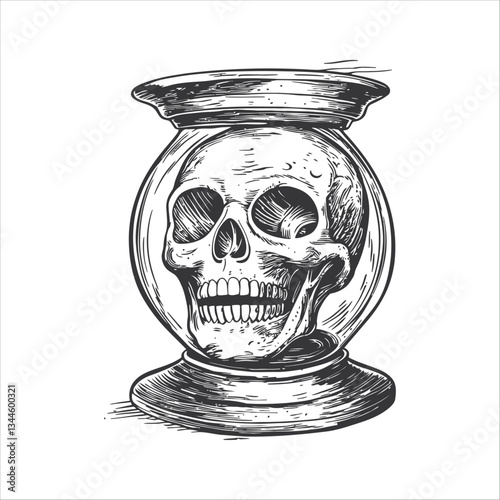 Skull Encased in Glass Container, Vintage Style Black and White Drawing