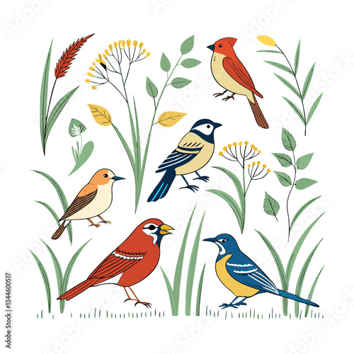 Elegant birds seamless pattern, navy and beige nature design