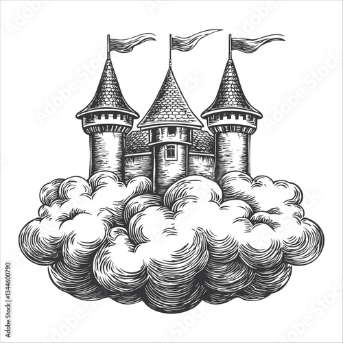 Fantasy Castle on Clouds with Flags in Vintage Engraved Style