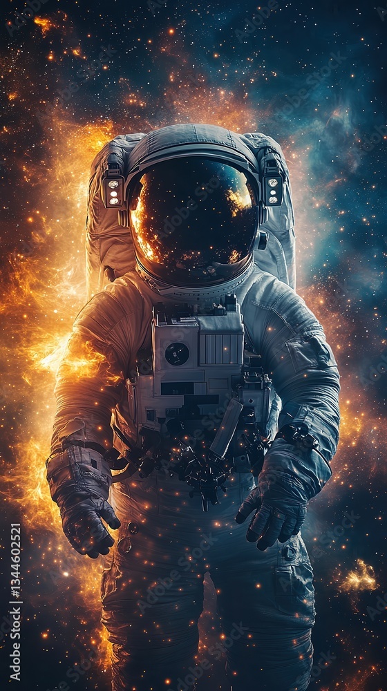 Fototapeta premium Astronaut floating in space, eyes closed, as mental connection bridges stars with glowing waves stretching from their mind to an unseen presence.