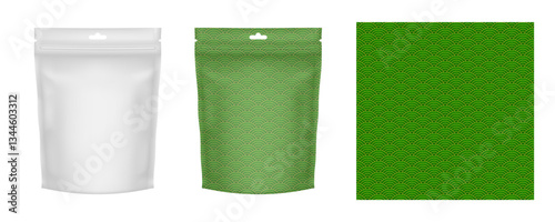 Zip bag - blank mockup template. Green pattern for packaging design. Flexible doy pack. Sachet pouch for coffee, candy, shack or nuts. Zipper food bag. Doypack
