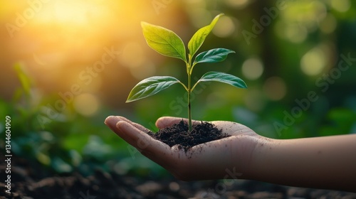 Planting a seedling, hand holding soil, nature, sunrise background.  Use  Environmental concept photo