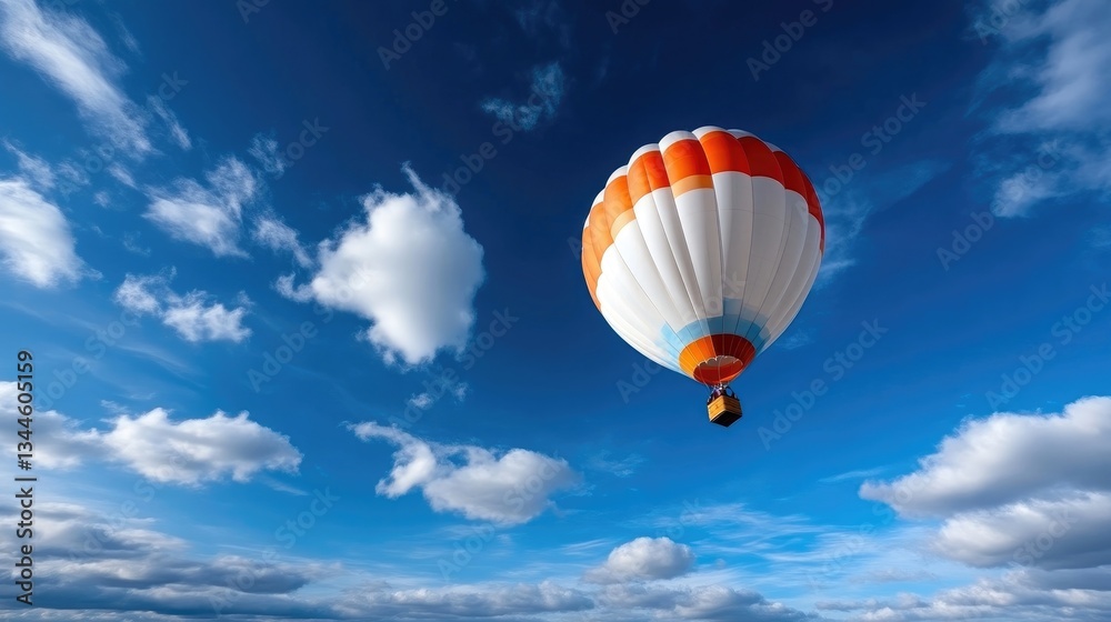 Naklejka premium Colorful hot air balloon soaring through a vibrant blue sky dotted with fluffy white clouds