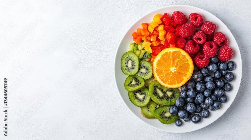 Clean white plate with colorful superfoods neatly arranged, minimalist nutrition concept