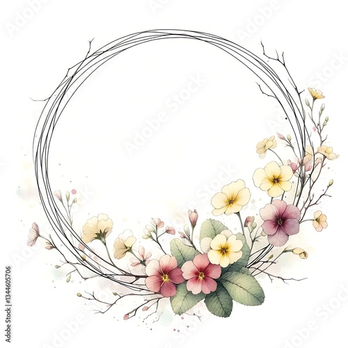 round frame space for logo or text with flowers and leaves on white background
