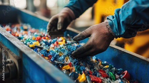 Worker Sorting Recycled Plastic Materials on Industrial Conveyor Belt