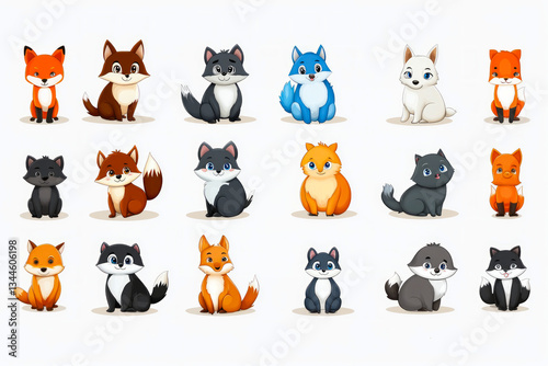 Collection of colorful foxes, cats and wolves sitting, on white background