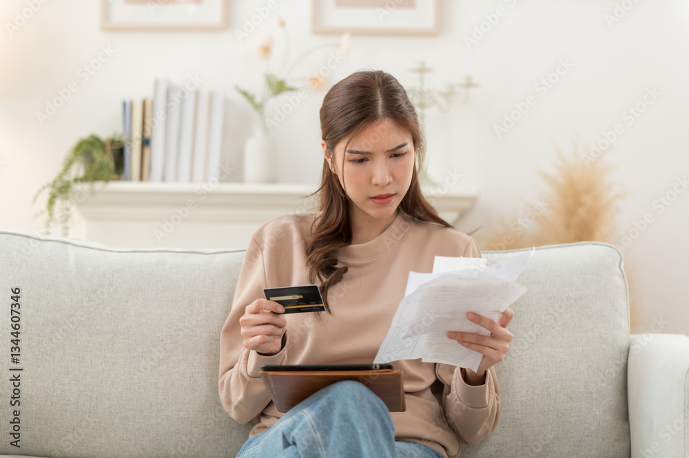 Asian woman feeling unhappy after looking bill feels stressed having financial problem, check finances, experiencing lack of money pay for loan, huge taxes, utility rates, get eviction notice Asian woman feeling unhappy after looking bill feels stressed having financial problem, check finances, experiencing lack of money pay for loan, huge taxes, utility rates, get eviction notice