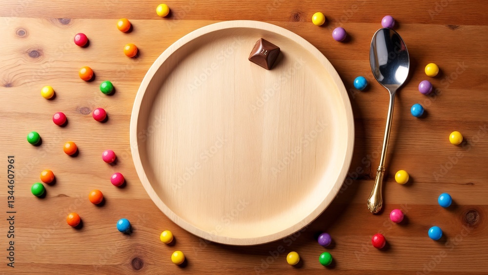 A wooden plate with a chocolate bar on top of it surrounded by colorful candies.