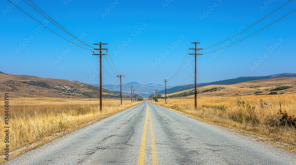 Empty country road stretches into the distance, power lines and dry grassland Empty country road stretches into the distance, power lines and dry grassland