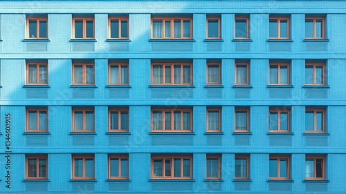 Uniform Blue Building Facade With Orange Framed Windows
