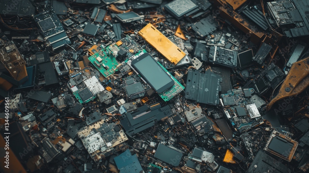 Pile of Discarded Electronic Circuit Boards and Components in a Junkyard Pile of Discarded Electronic Circuit Boards and Components in a Junkyard