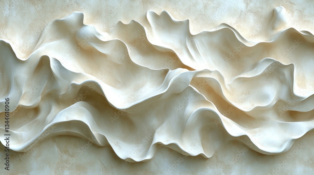 Abstract, flowing, sculpted, decorative wall panel. Soft, textured, cream-colored, rippled, flowing forms. Beige background. High-relief, sculptural design Abstract, flowing, sculpted, decorative wall panel. Soft, textured, cream-colored, rippled, flowing forms. Beige background. High-relief, sculptural design