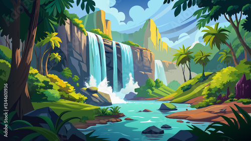Breathtaking view of a powerful cascading waterfall surrounded by a lush verdant tropical forest landscape The waterfall s rushing waters crash against the rocks creating