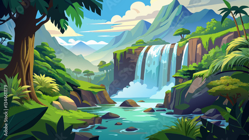 Peaceful and serene summer landscape with a tranquil pond lush green meadow colorful wildflowers and a beautiful mountain range in the distance Idyllic and picturesque natural scenery