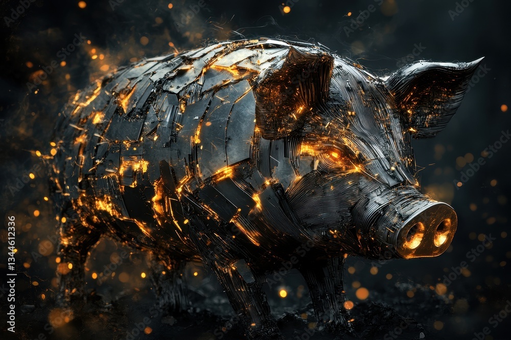 Obraz premium A glowing metallic pig sculpture exhibiting captivating artistry and design
