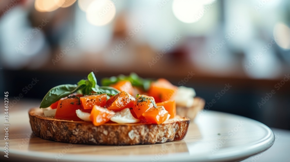 Delicious Bruschetta with Tomato and Basil on Toasted Bread Plate Delicious Bruschetta with Tomato and Basil on Toasted Bread Plate