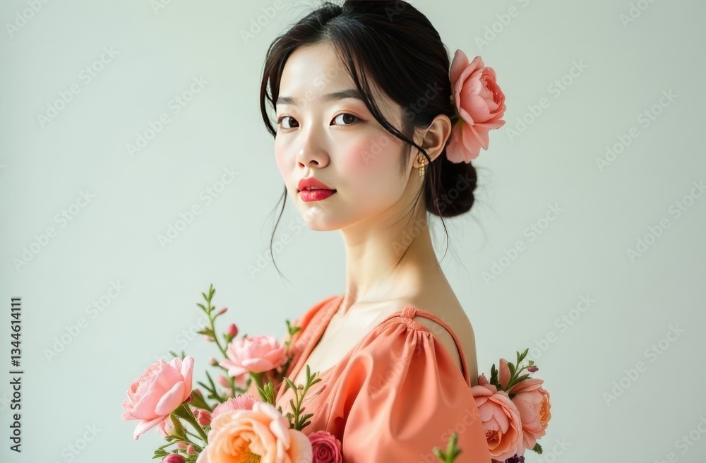 Portrait of young Asian woman in spring and summer flowers. Concept of spring, beauty, revival of nature Portrait of young Asian woman in spring and summer flowers. Concept of spring, beauty, revival of nature