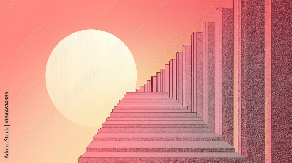 Obraz premium Ascending staircase leading up toward a large circular sun in the sky