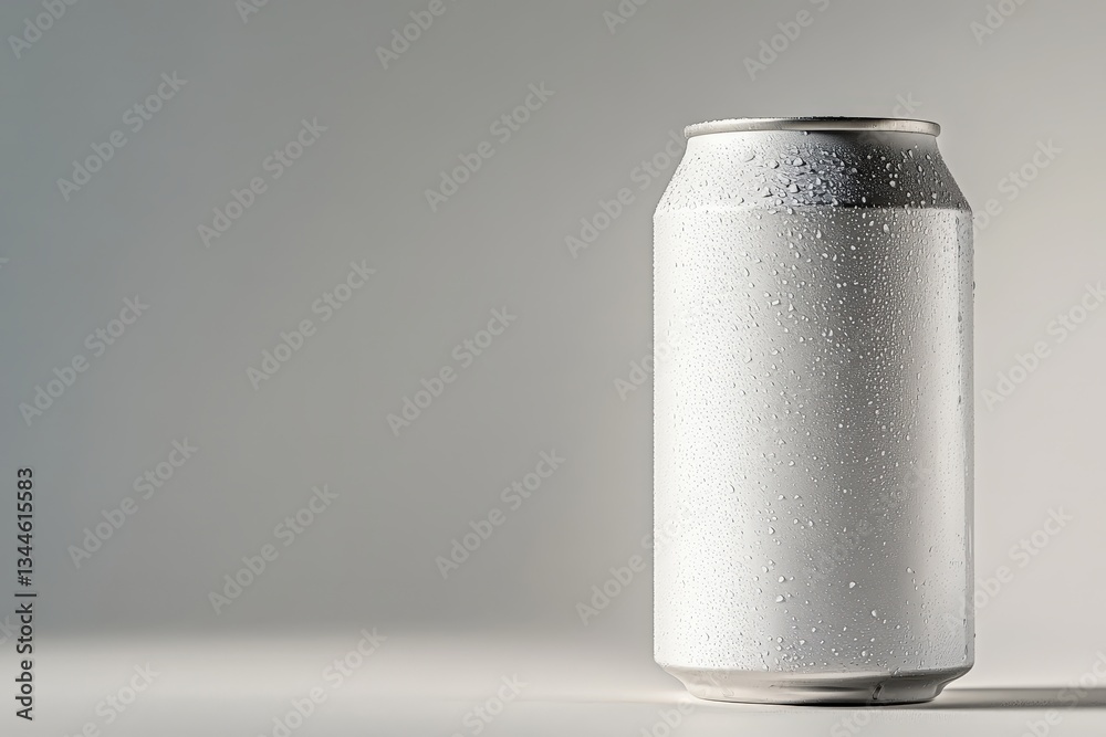 A chilled aluminum beverage container with water droplets on its surface A chilled aluminum beverage container with water droplets on its surface