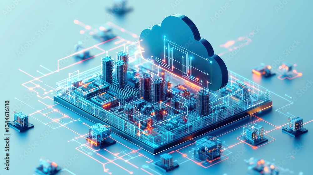 Obraz premium Cloud computing platform facilitating data sharing and factory collaboration highlighting seamless connectivity 