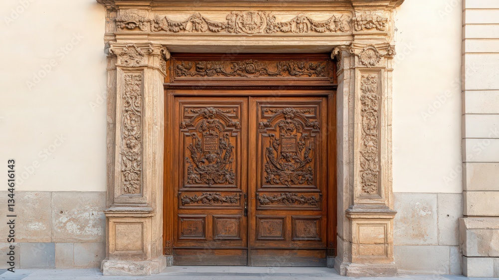 Fototapeta premium Intricate Carved Wooden Door in Stone Frame