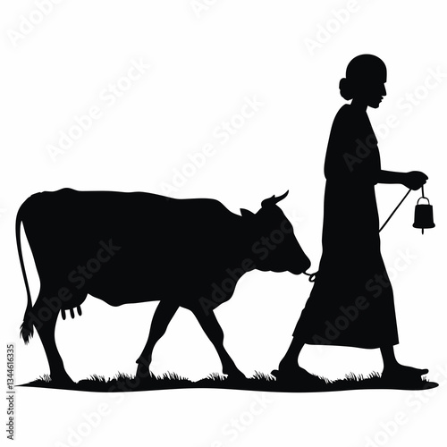 Silhouette of a woman leading a cow with a bell