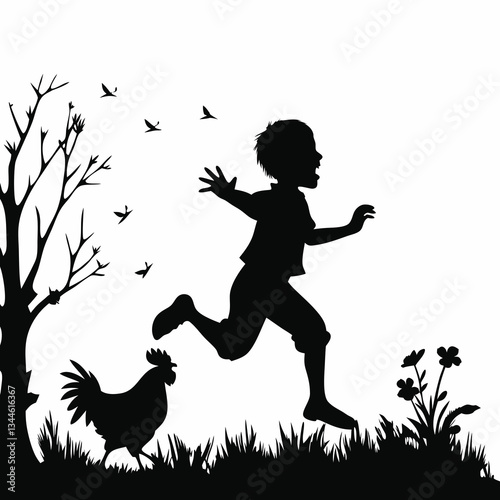 Silhouette of a boy running with a rooster in a rural scene