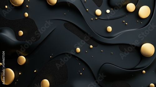 Abstract black 3D background with waves and golden spheres