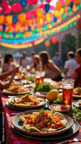 Vibrant outdoor fiesta with latin american cuisine under colorful lanterns