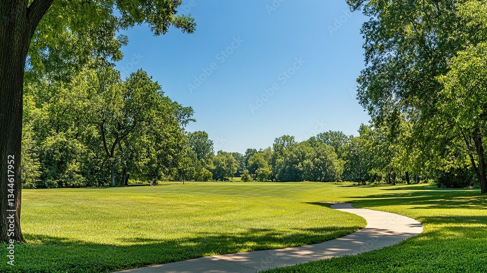 Naklejka premium Serene Park Walkway Surrounded by Lush Green Grass and Trees