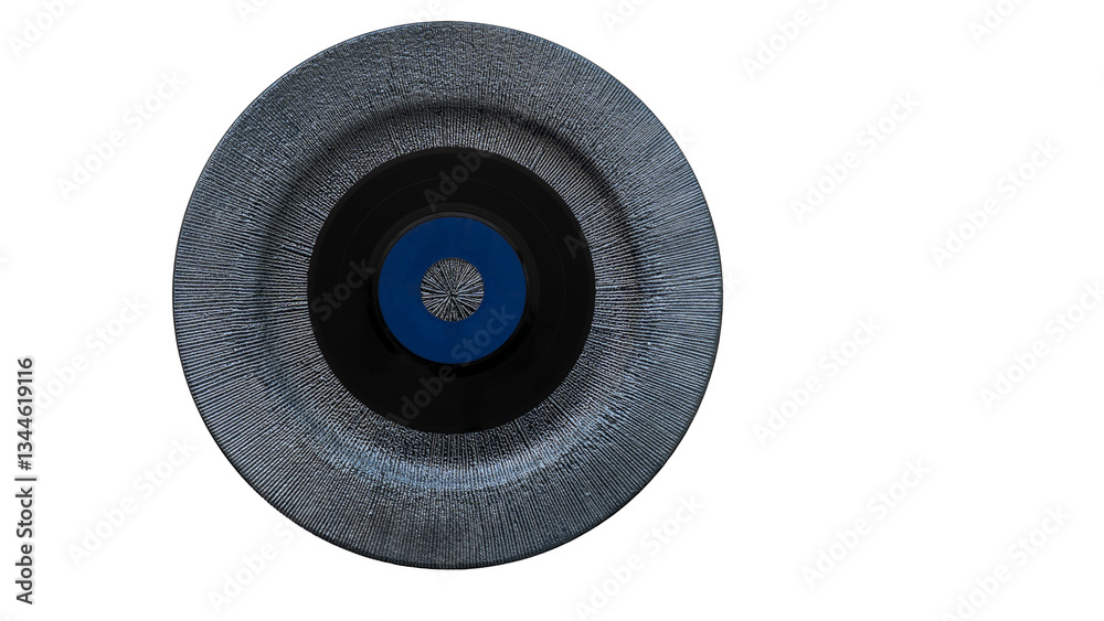 Vinyl record placed on a textured, circular plate, representing a blend of music and modern design